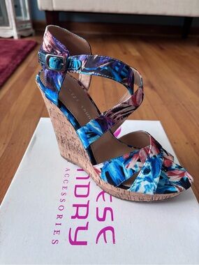 Chinese Laundry Multicolor Floral Print Cork Wedge Sandals